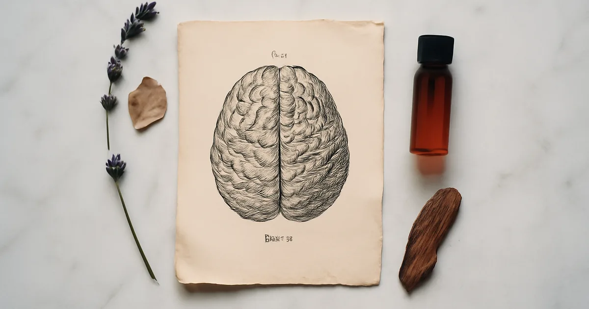 Brain anatomy diagram beside fragrance vial illustrating how scent memories bypass the thalamus