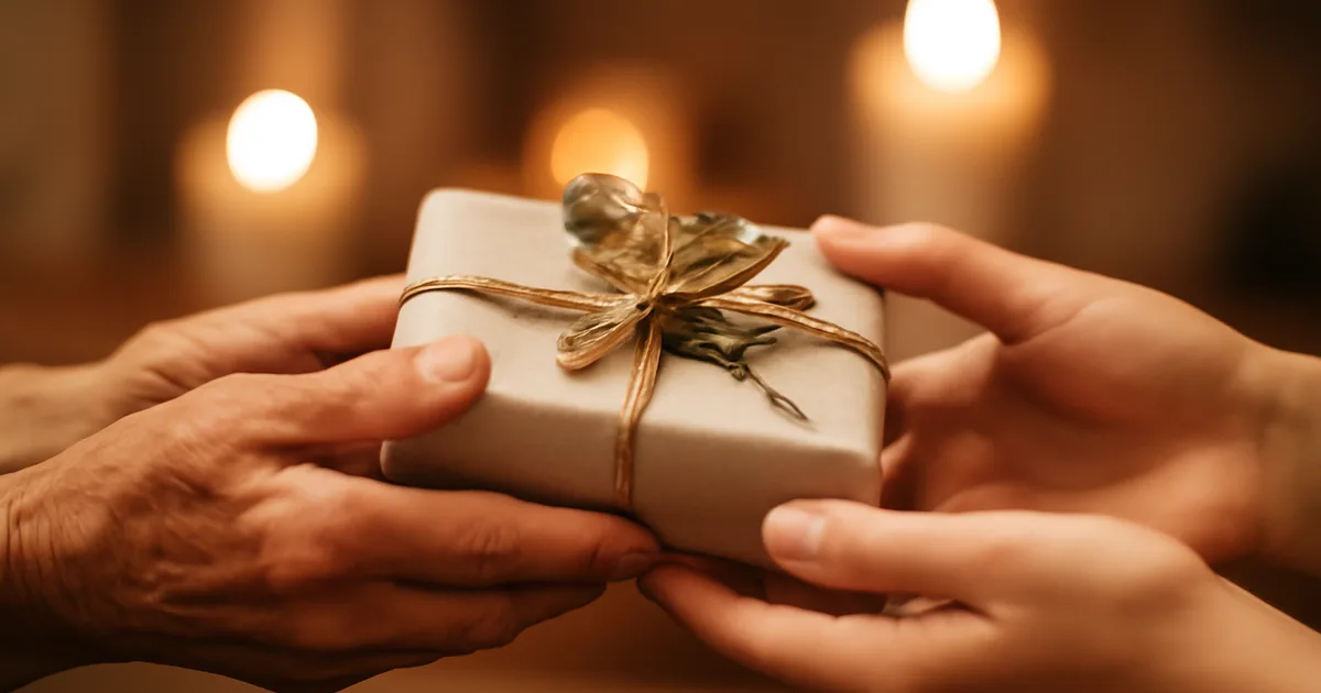 Two generations exchanging a fragrance gift tied with ribbon, representing meaningful gifting and scent memories
