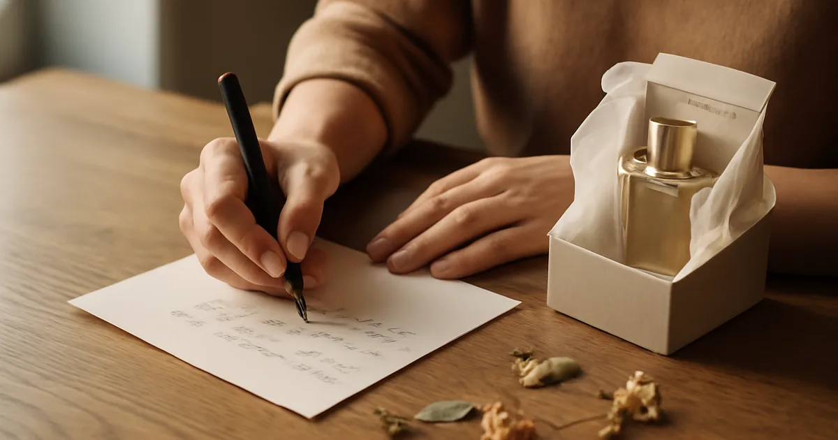 Person writing a personal note alongside a fragrance gift box, illustrating thoughtful scent-based gifting