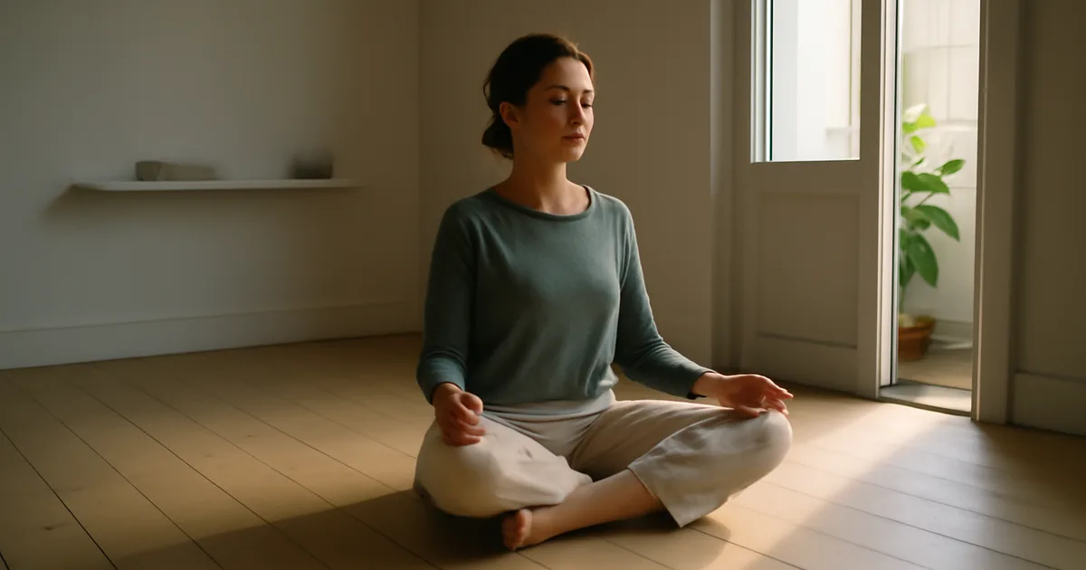 Person grounding themselves near an open window using mindful breathing to manage a scent memory trigger