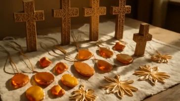 Lietuvių liaudies meno ekspozicija su drožtais mediniais kryžiais, gintaro papuošalais ir šiaudinukais ant lino audinio