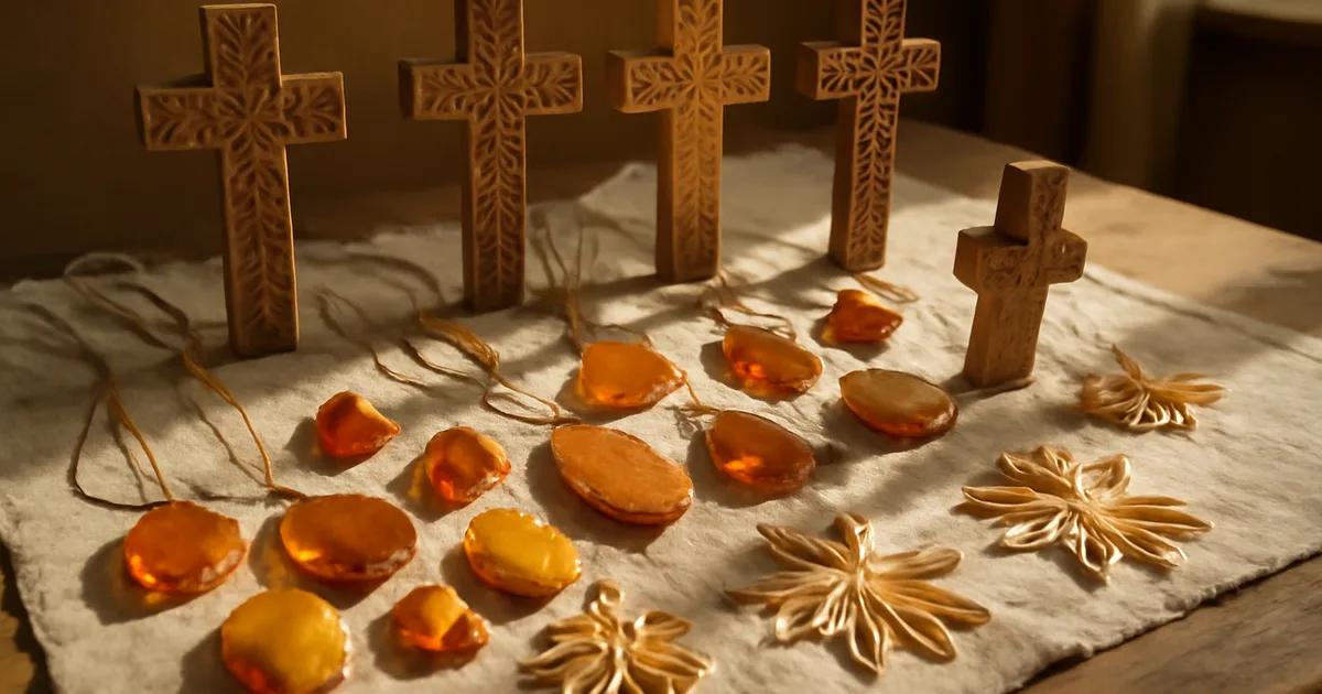 Lietuvių liaudies meno ekspozicija su drožtais mediniais kryžiais, gintaro papuošalais ir šiaudinukais ant lino audinio