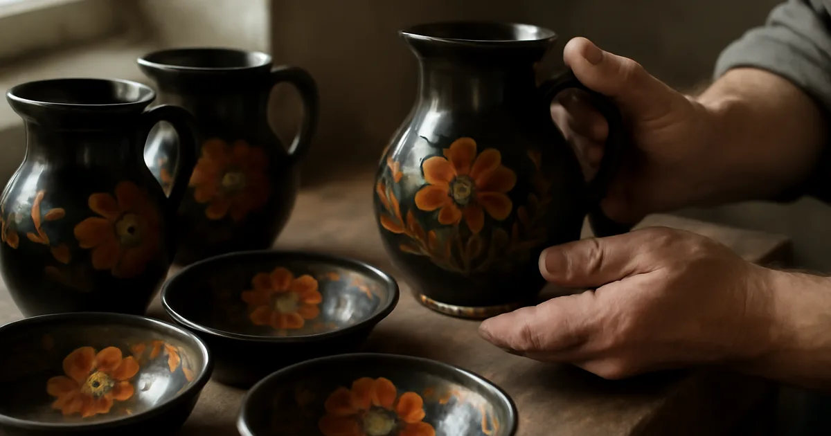 Lietuviška juodoji keramika ir glazūruoti puodai su tradiciniais gėlių motyvais kaimo puodžiaus dirbtuvėje