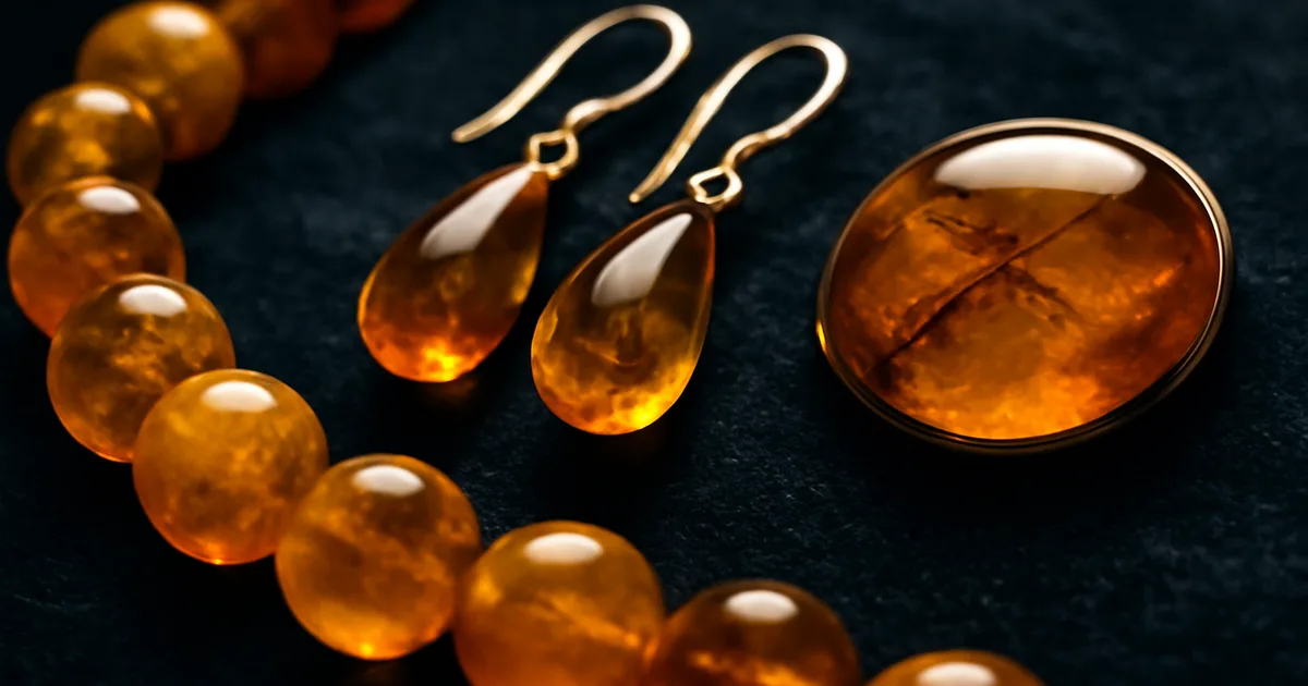Baltijos gintaro papuošalai – karoliai, auskarai ir segė ant tamsaus aksomo, atskleidžiantys šiltus medaus ir konjako atspalvius bei natūralius intarpus