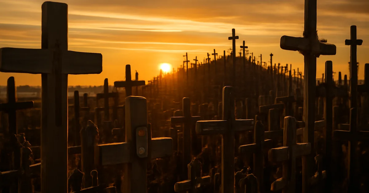 Kryžių kalnas netoli Šiaulių auksinę valandą su tūkstančiais puošnių medinių ir geležinių kryžių ant kalvos