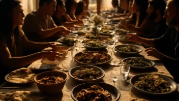 Įvairi žmonių grupė dalijasi daugiakultūrio pokylio patiekalais, iliustruojant maistą kaip universalią kalbą