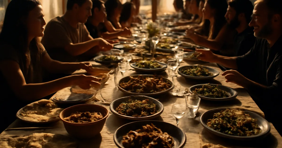 Įvairi žmonių grupė dalijasi daugiakultūrio pokylio patiekalais, iliustruojant maistą kaip universalią kalbą