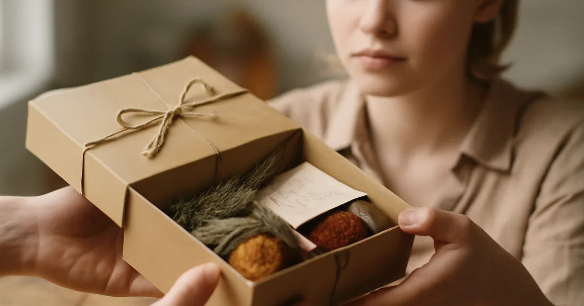 Du žmonės apsikeičia maisto patirties dovanų dėžute su prieskoniais ir recepto kortele ant medinės virtuvės stalo