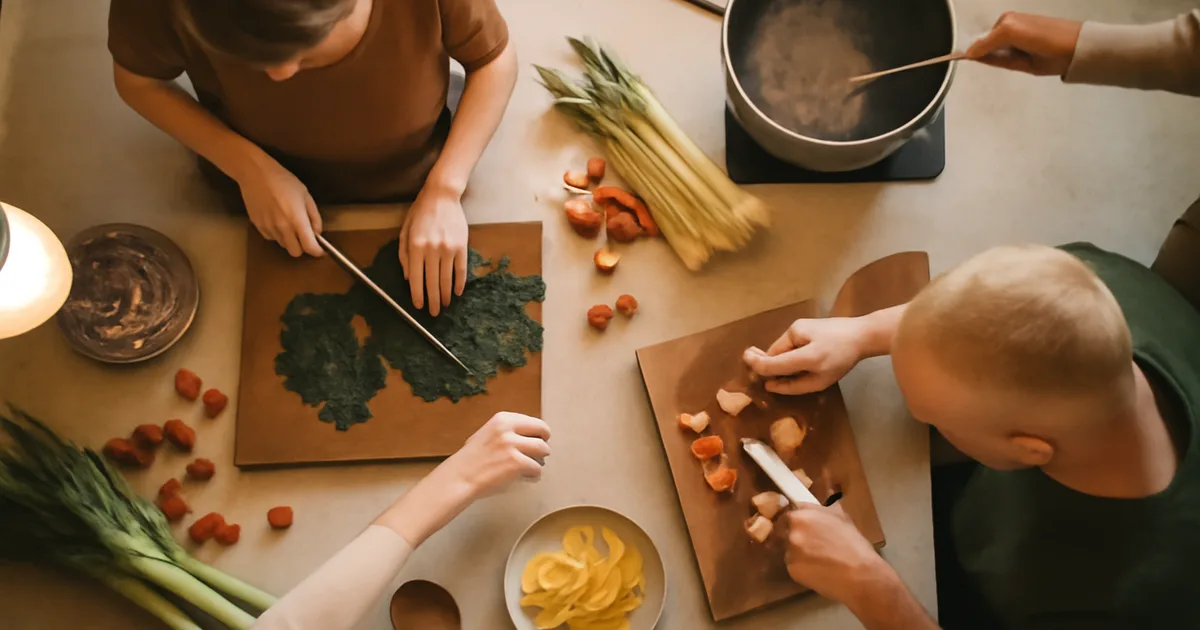 Keturi draugai kartu gamina maistą prie virtuvės salos, pjausto daržoves ir juokiasi, perteikdami bendro gaminimo džiaugsmą