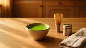 Ceramic bowl of vibrant green matcha latte with bamboo whisk and matcha powder tin on a wooden counter — matcha tea benefits