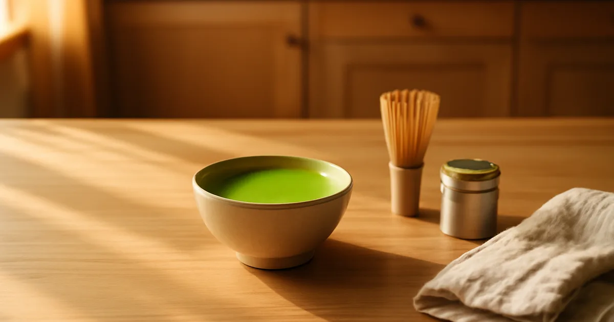 Ceramic bowl of vibrant green matcha latte with bamboo whisk and matcha powder tin on a wooden counter — matcha tea benefits