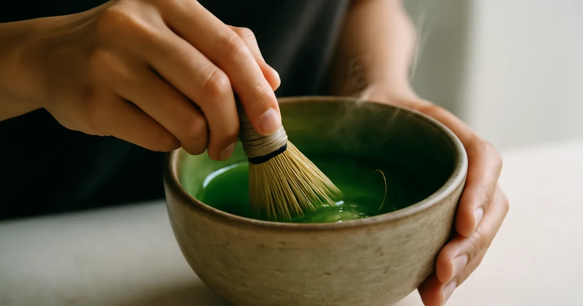 Hands whisking bright green matcha in a ceramic bowl with steam rising — matcha focus and energy benefits