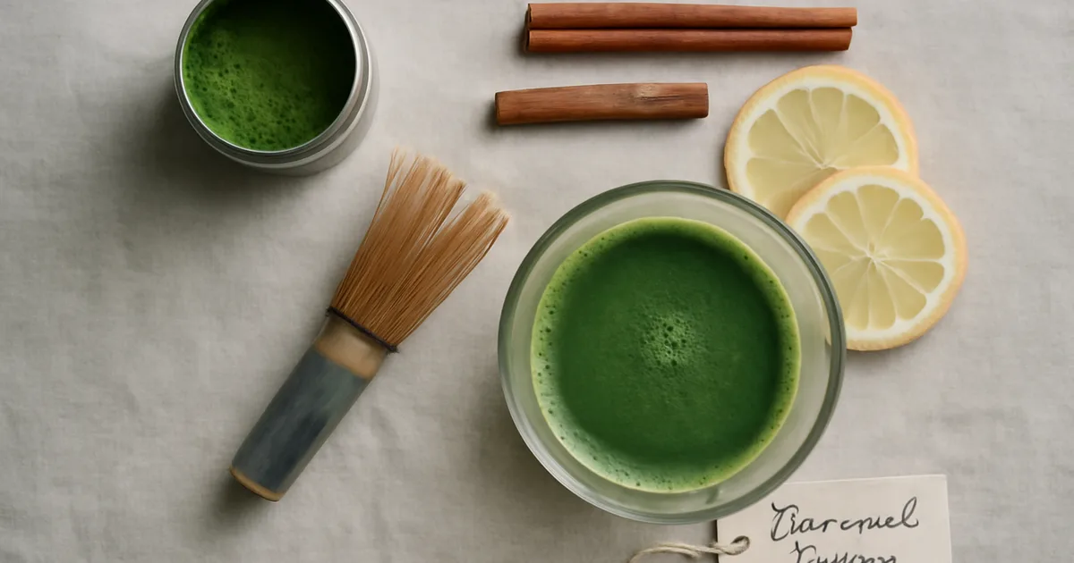 Overhead flat-lay of a matcha gift set with bamboo whisk, matcha powder tin, and lemon on linen — matcha gifting