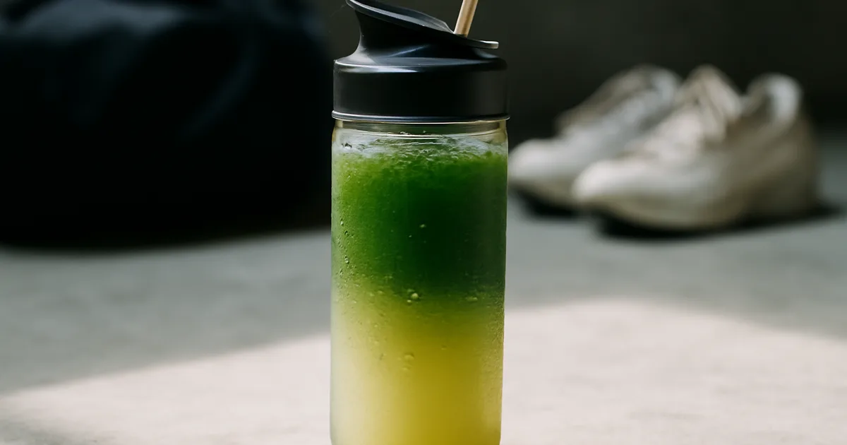 Glass shaker bottle of bright green iced matcha lemon drink with gym bag in background — matcha pre-workout benefits