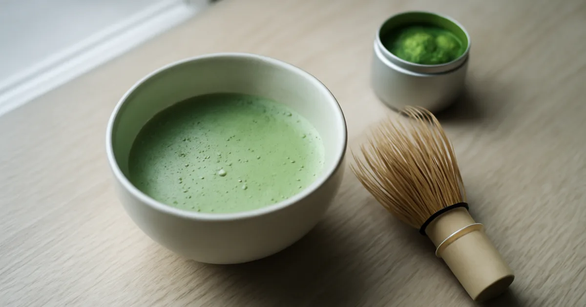 Keraminis dubuo su ryškiai žaliu matcha latte ir bambukiniu šluotele, iliustruojantis pagrindines matcha teikiamas naudas