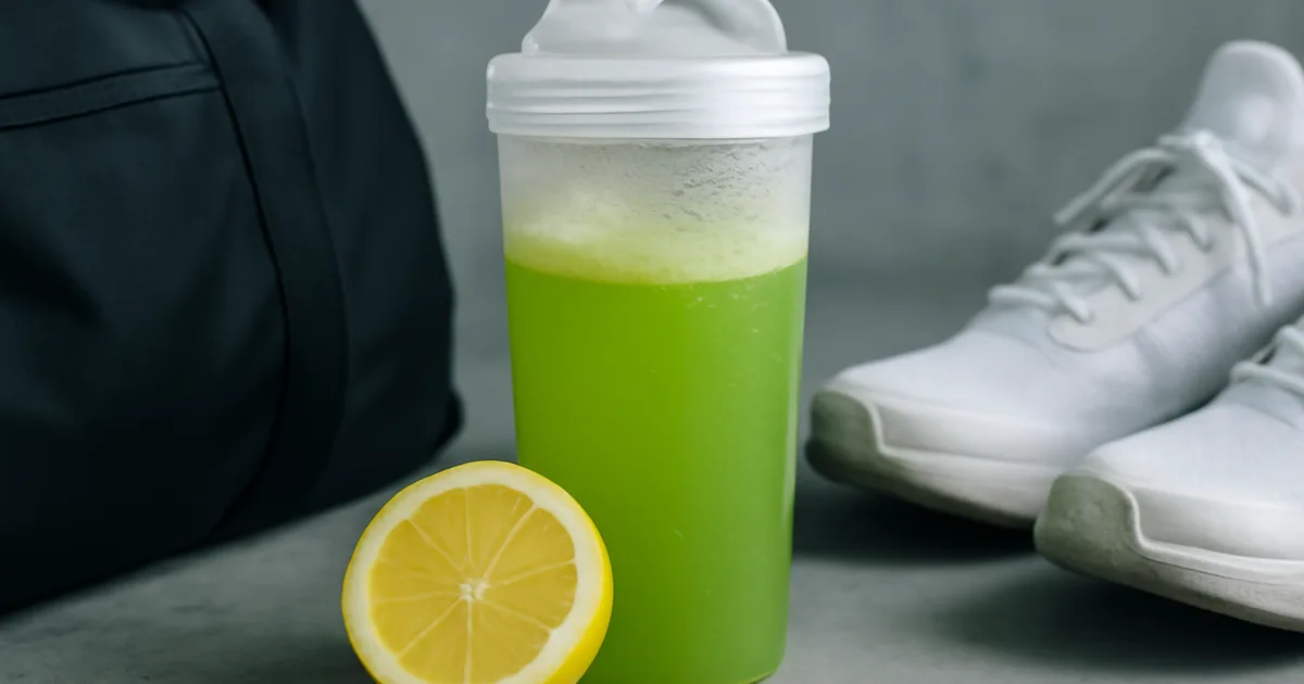 Buteliukas su citrininiu matcha gėrimu prieš treniruotę, iliustruojantis matcha naudą fiziniam krūviui