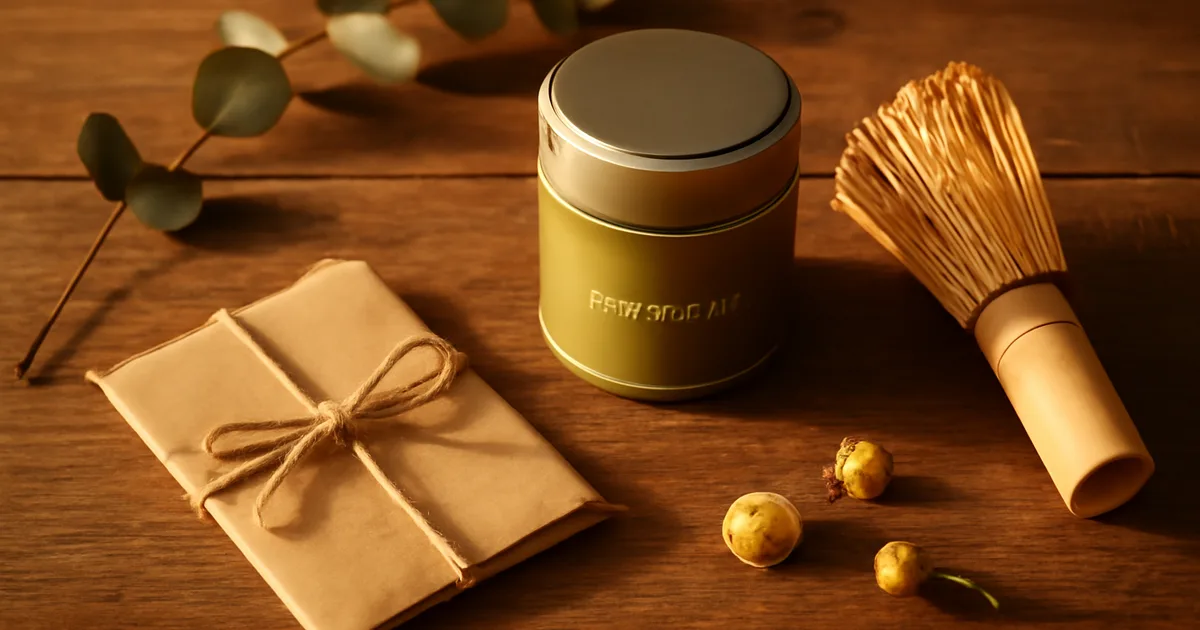 Kruopščiai sudarytas matcha dovanų rinkinys su bambukiniu šluotele ir ceremoninės kokybės matcha milteliais — puiki gerovės dovana