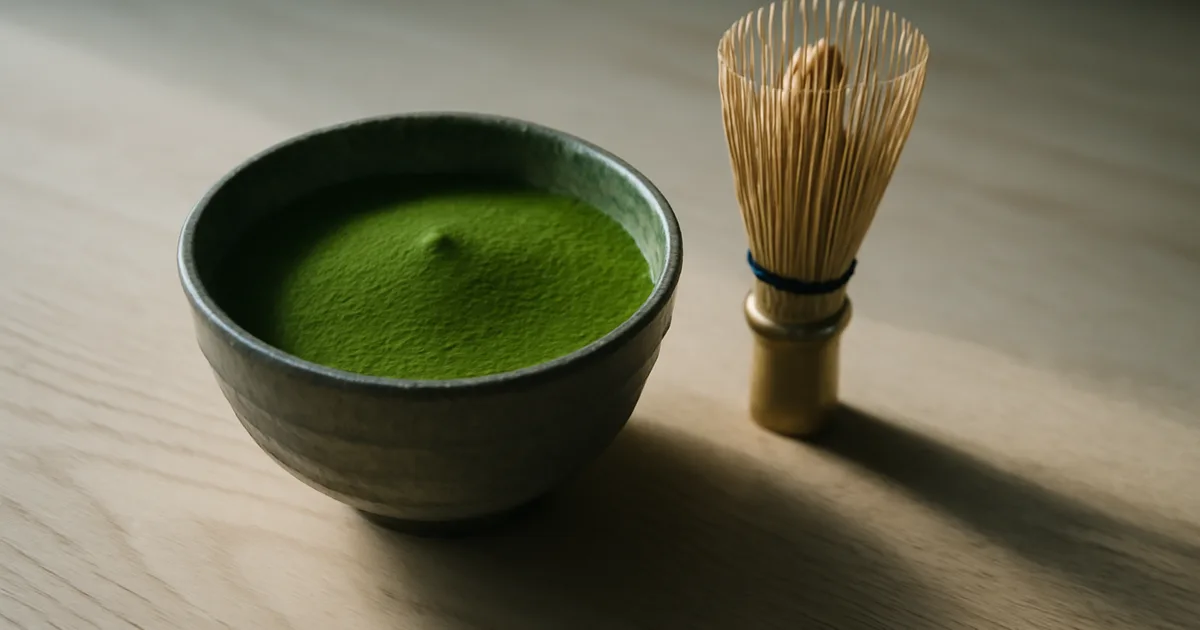 Ryškiai žalios spalvos ceremoninis matcha milteliai keraminiame dubenyje su bambukiniu šluotele ant medinės površės