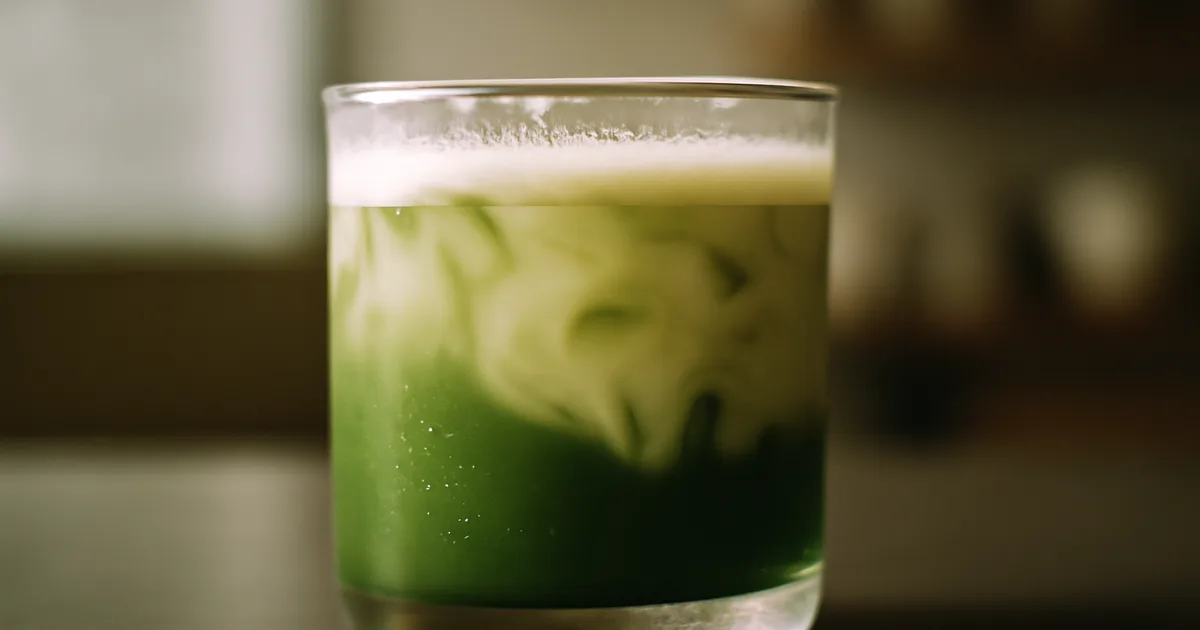 Putojantis matcha latte su avižų pienu stikliniame puodelyje ryškiai žalios spalvos kavinės aplinkoje