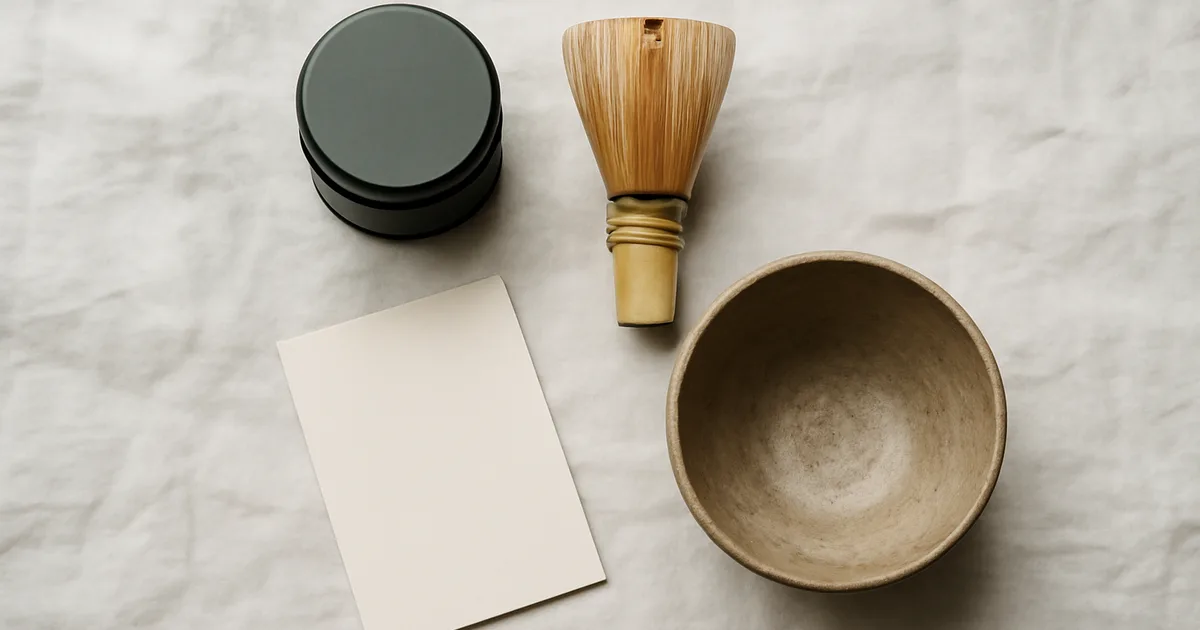 Aukščiausios kokybės matcha dovanų rinkinys su ceremoninio matcha dėžute, bambukiniu šluotele ir keraminiu dubeniu ant balto lino audinio