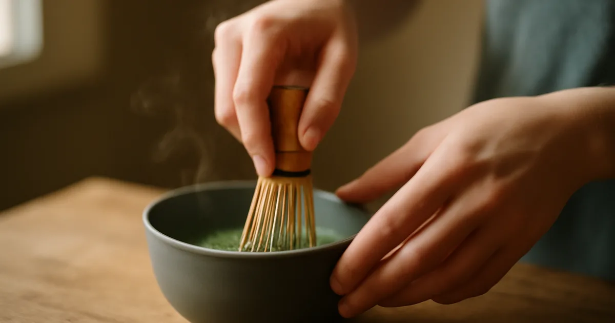 Rankos plaka matchą keraminiame dubenyje su kylančiais garais — tradicinis japoniškas ruošimo būdas