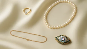 Elegantiškai išdėstyti aukščiausios klasės papuošalai: žiedai, karoliai ir apyrankė ant dramblio kaulo spalvos šilko