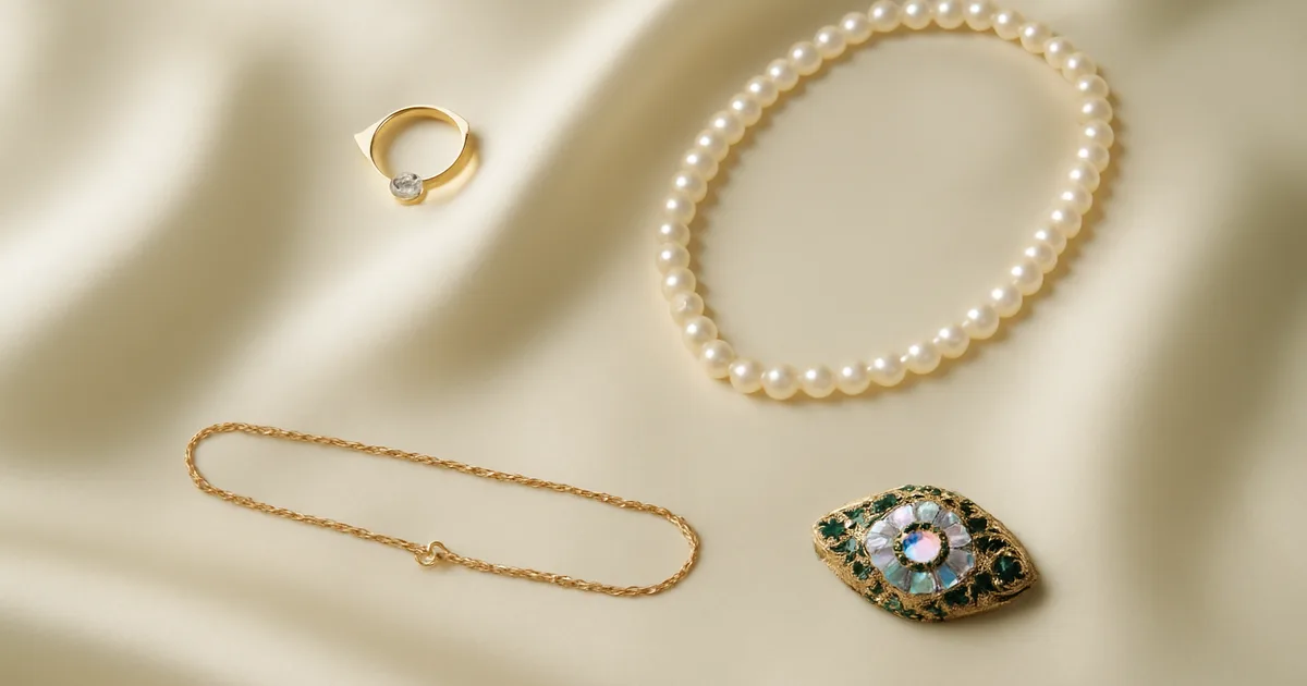 Elegantiškai išdėstyti aukščiausios klasės papuošalai: žiedai, karoliai ir apyrankė ant dramblio kaulo spalvos šilko