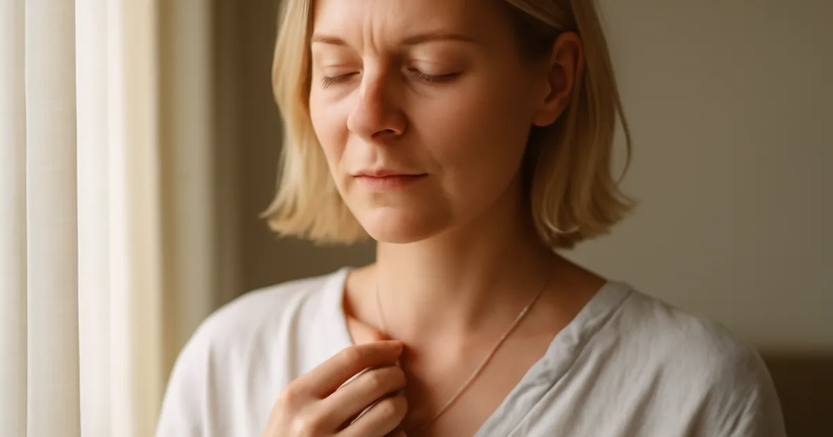 Moteris laiko auksinį karolį prie krūtinės, išreikšdama emocinę papuošalų prasmę