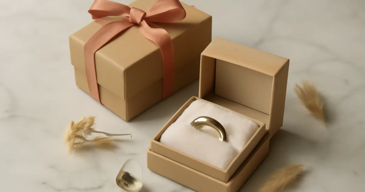 Atidarytos papuošalų dovanų dėžutės ant marmuro paviršiaus su auksiniu žiedu viduje, vaizduojančios papuošalus kaip tobulą dovaną