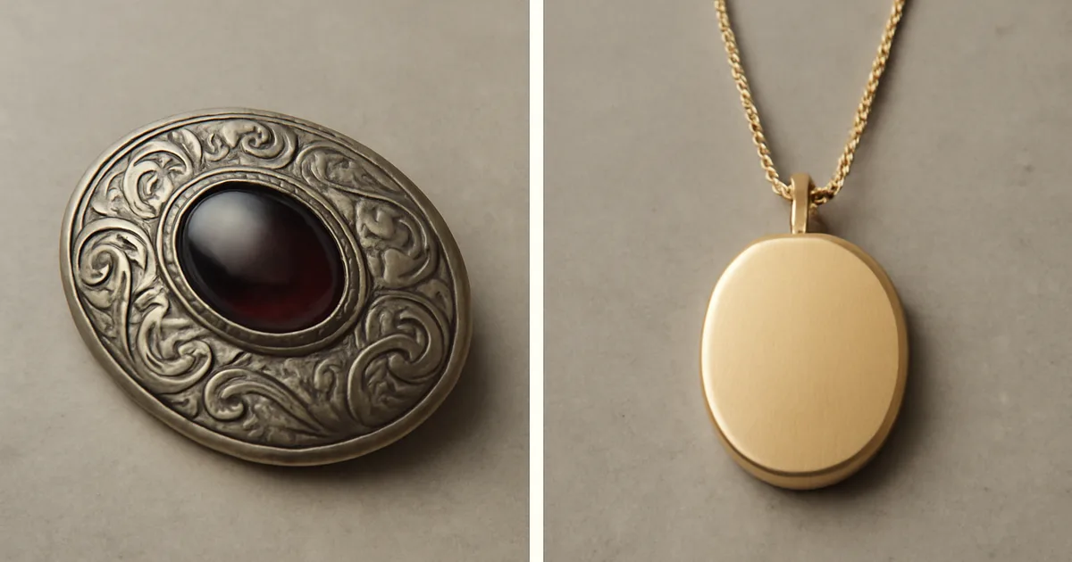 Antikvarinis puošnus smeigtukas šalia modernaus minimalistinio aukso pakabuko, rodantis antikvarinių ir modernių papuošalų dermę