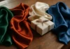 Colourful silk scarves draped on a wooden surface next to a gift box, showcasing luxury textile gifting