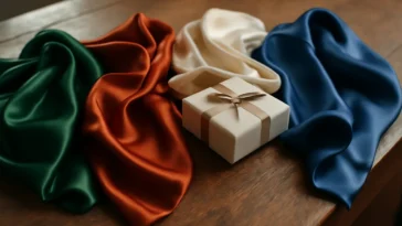 Colourful silk scarves draped on a wooden surface next to a gift box, showcasing luxury textile gifting