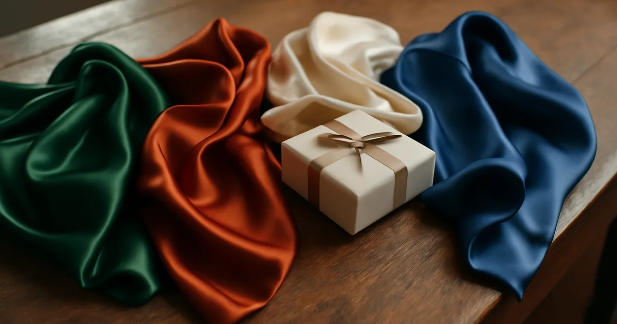 Colourful silk scarves draped on a wooden surface next to a gift box, showcasing luxury textile gifting