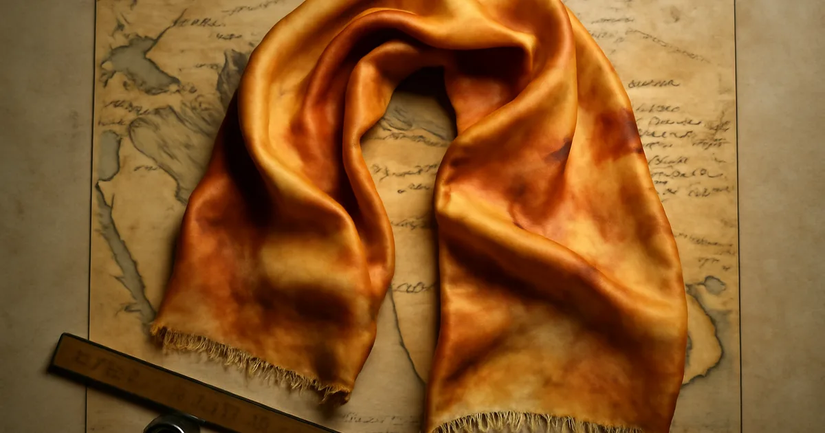 Silk scarf unfurled across a Silk Road map illustration representing the historic trade route for silk textiles