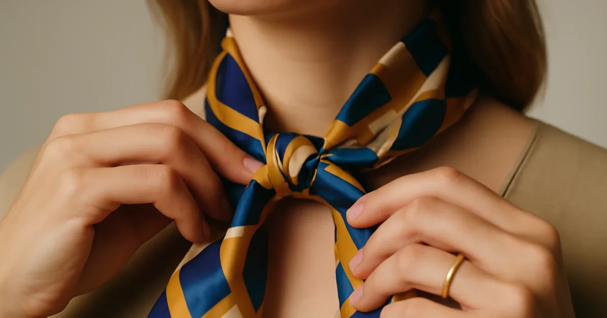 Woman tying a vibrant printed silk scarf around her neck, illustrating silk scarves as a timeless fashion gift