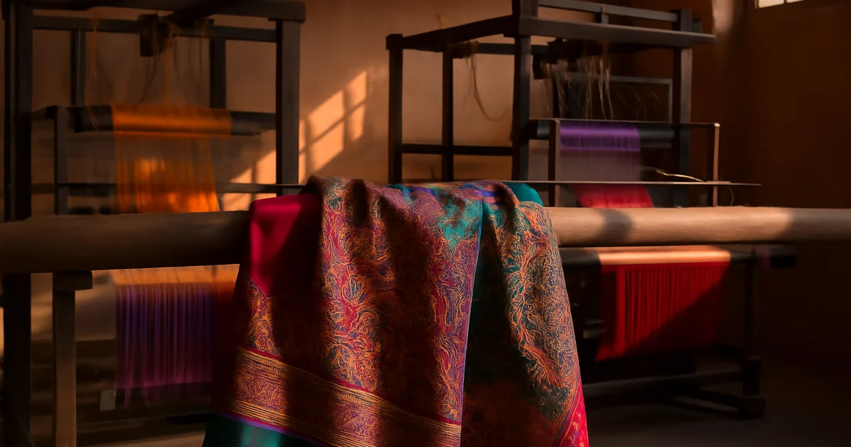 Embroidered Indian silk stole displayed near traditional weaving looms representing India's diverse silk scarf craftsmanship