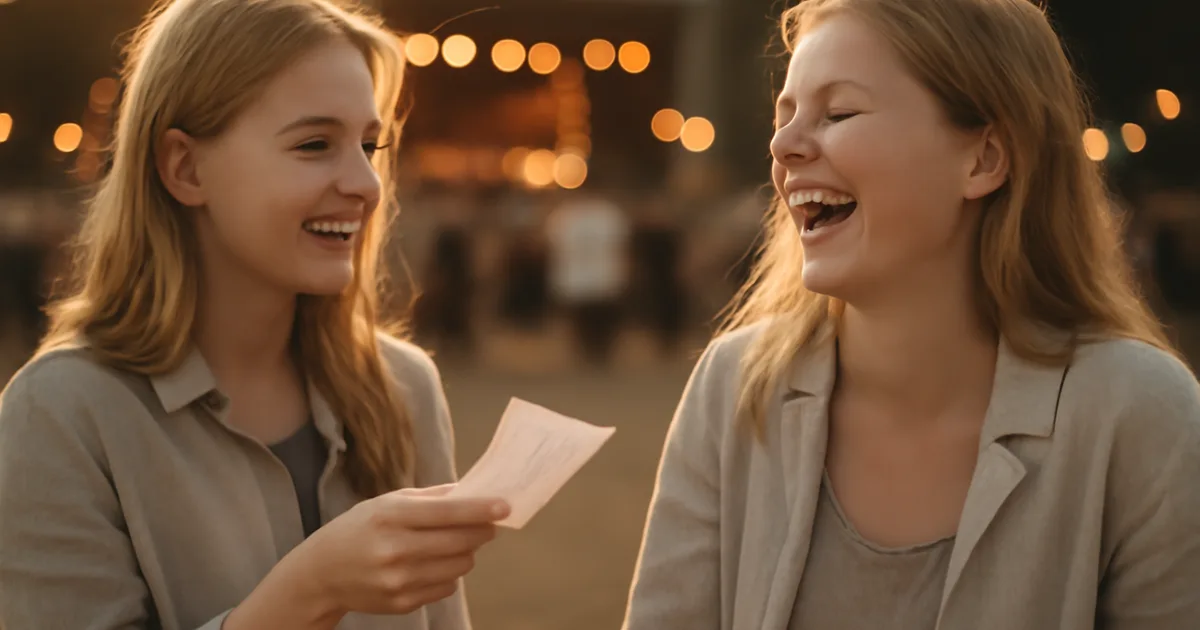 Du draugai džiaugiasi patyrimine dovana – koncerto bilietais – gyvo lauko renginio auksinę valandą