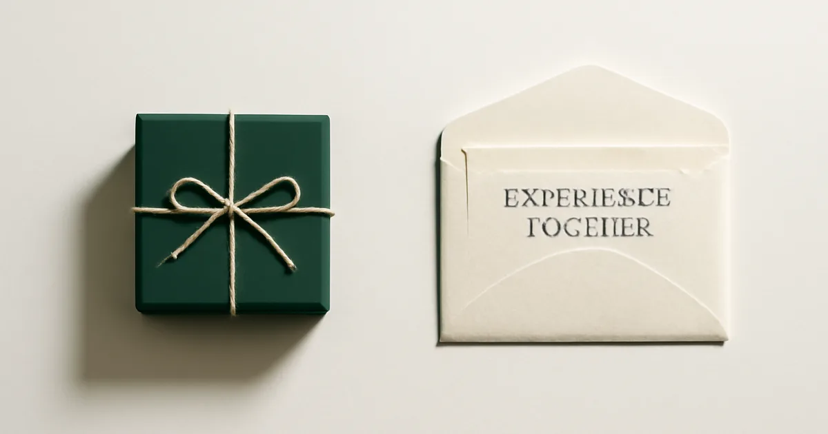 Materialios dovanų dėžutės ir patyriminės dovanos kupono sugretinimas, iliustruojantis skirtumą tarp patyriminių ir materialių dovanų