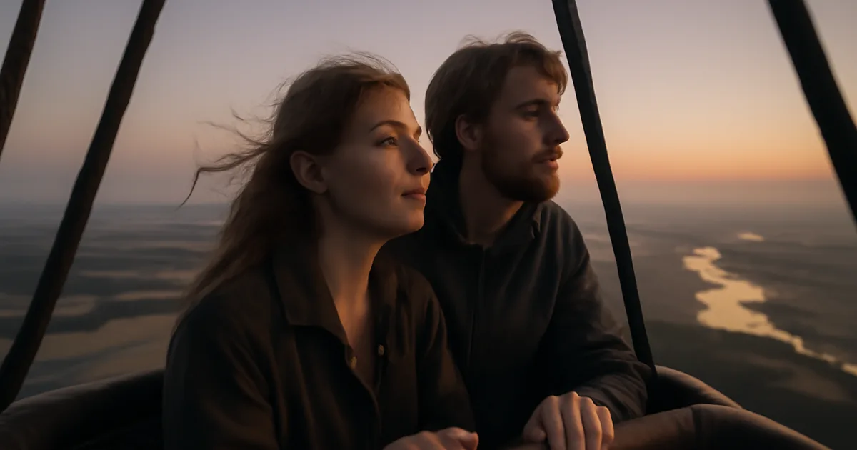 Pora skrenda oro balionu kaip patyriminę dovaną virš gražaus kaimo peizažo auštant