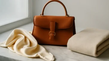 Prabangios mados dovanos išdėliotos ant marmuro — dizainerio krepšys, šilkinis šalikas ir kašmyras aukso bei kreminiais tonais