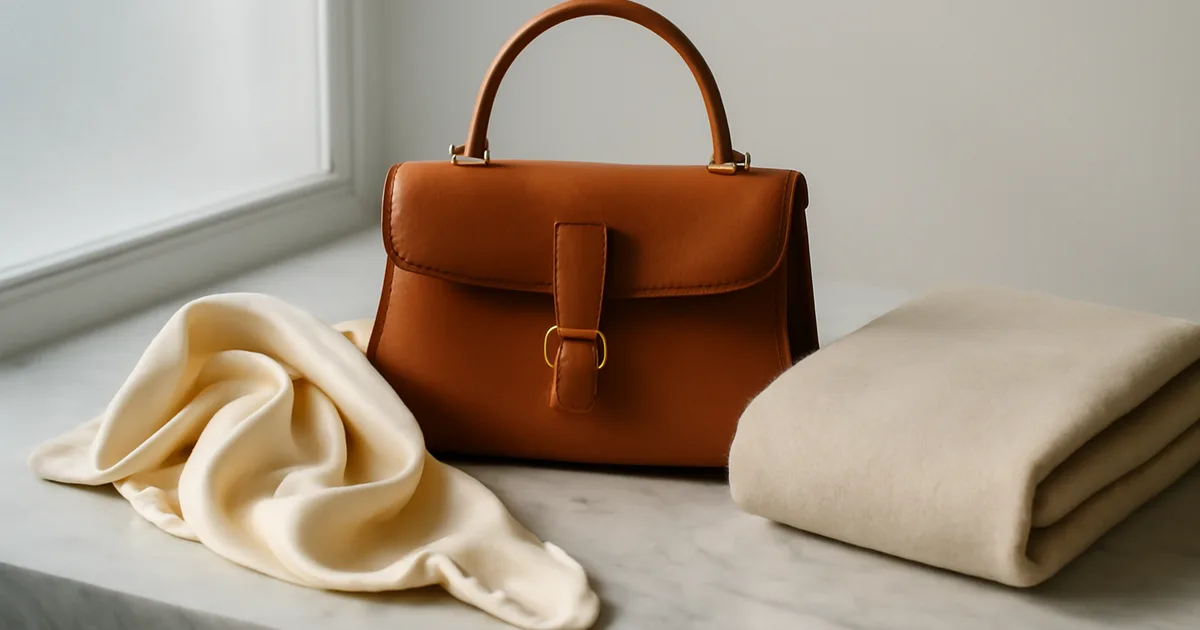 Prabangios mados dovanos išdėliotos ant marmuro — dizainerio krepšys, šilkinis šalikas ir kašmyras aukso bei kreminiais tonais