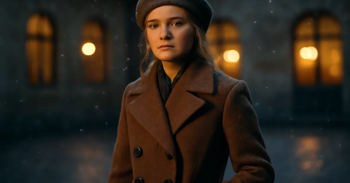 Modelis prabangiu žieminiu paltu, įkūnijantis šventinės mados kampanijos dovanojimo įkvėpimą 2025–26 sezonui