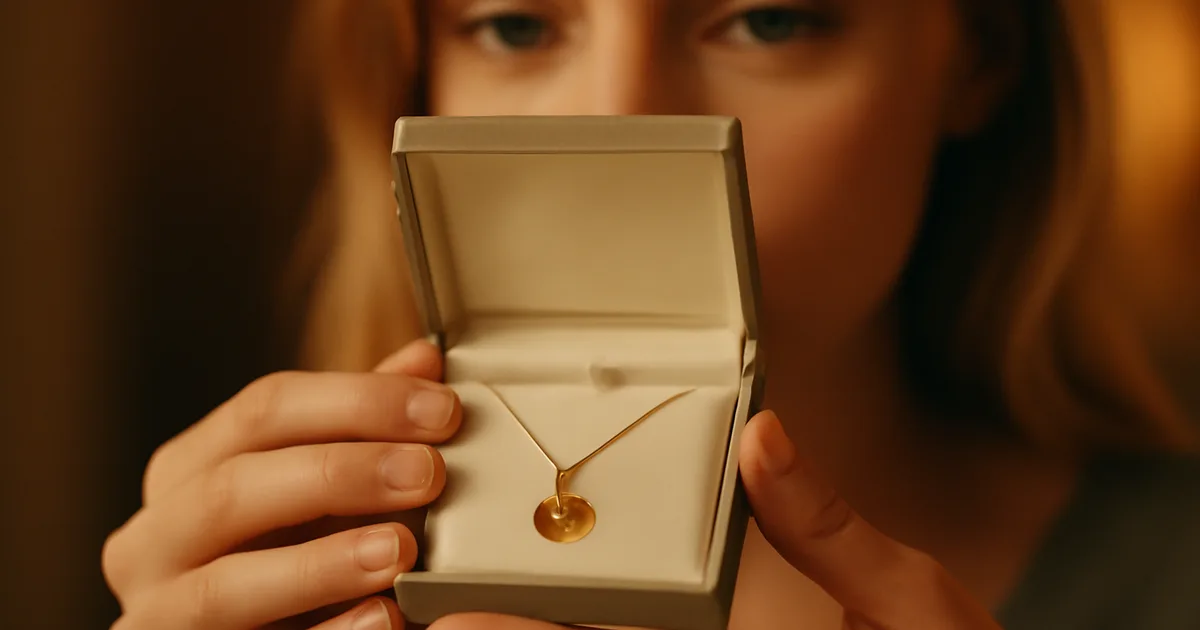Moteris atidaro papuošalų dovanų dėžutę su auksiniu karoliu — prasminga akimirka įteikiant papuošalus