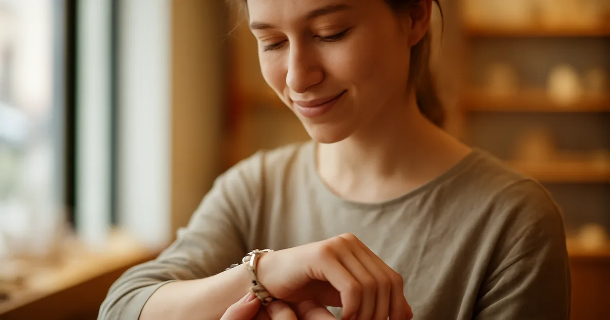 Moteris išbando rankų darbo meistro apyrankę — unikali papuošalų dovana su pusbrangiais akmenimis