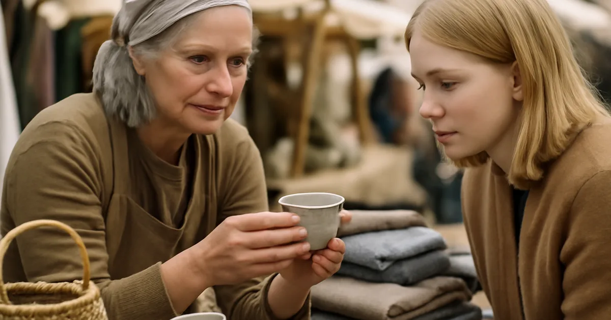 Pirkėjas ir vietinis amatininkas apžiūri rankų darbo keramikos dovaną amatininkų turgaus prekystalyjе