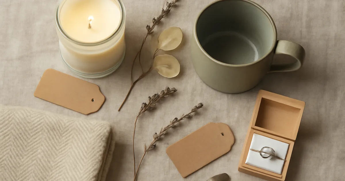 Įvairios vietinės rankų darbo dovanos, supakuotos ir stilingai išdėliotos dovanojimui — vietinių dizainerių dovanų kompozicija