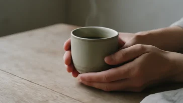 Dvi rankos laiko šiltą keraminį puodelį sąmoningo arbatos gėrimo akimirką, švelnioje natūralioje šviesoje