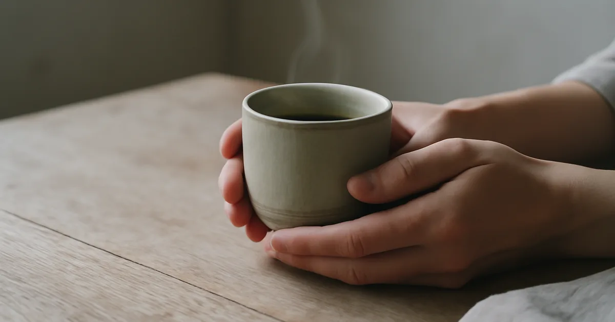 Dvi rankos laiko šiltą keraminį puodelį sąmoningo arbatos gėrimo akimirką, švelnioje natūralioje šviesoje