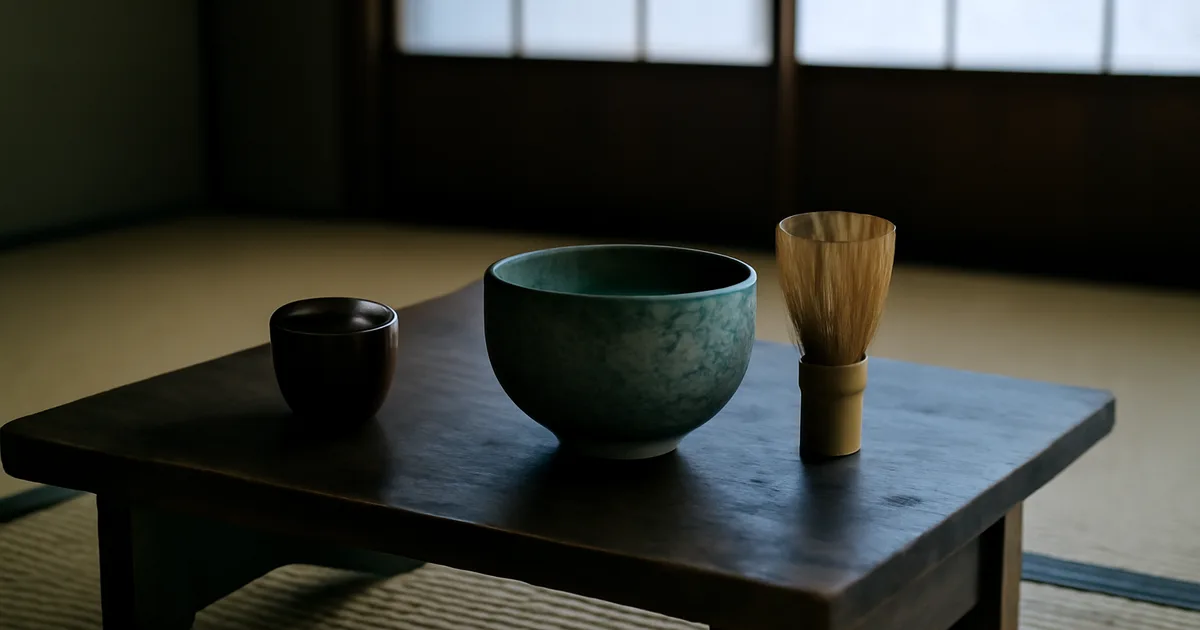 Tradicinės japonų arbatos ceremonijos aplinka: matcha dubenėlis ir bambuko šluotelė ant tatami kilimėlio