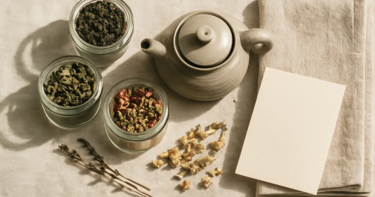 Sąmoningo arbatos gėrimo dovanų rinkinys su biriąja arbata, keraminiu arbatinuku ir ranka rašyta atviruke